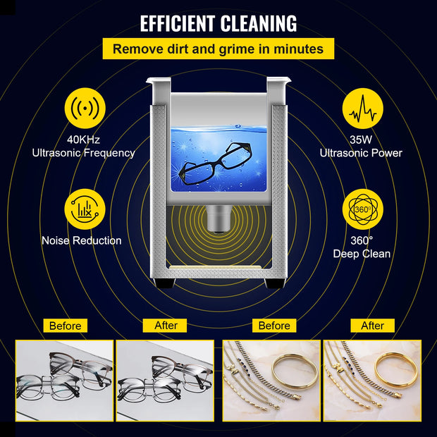 Vevor - Ultrasonic cleaner - Portable - Upgraded - Lave-Dishes - Frequency 40kHz - 220V - 35W - Cleaning device for jewelry and glasses - Stainless steel - Capacity 800ml - Silver