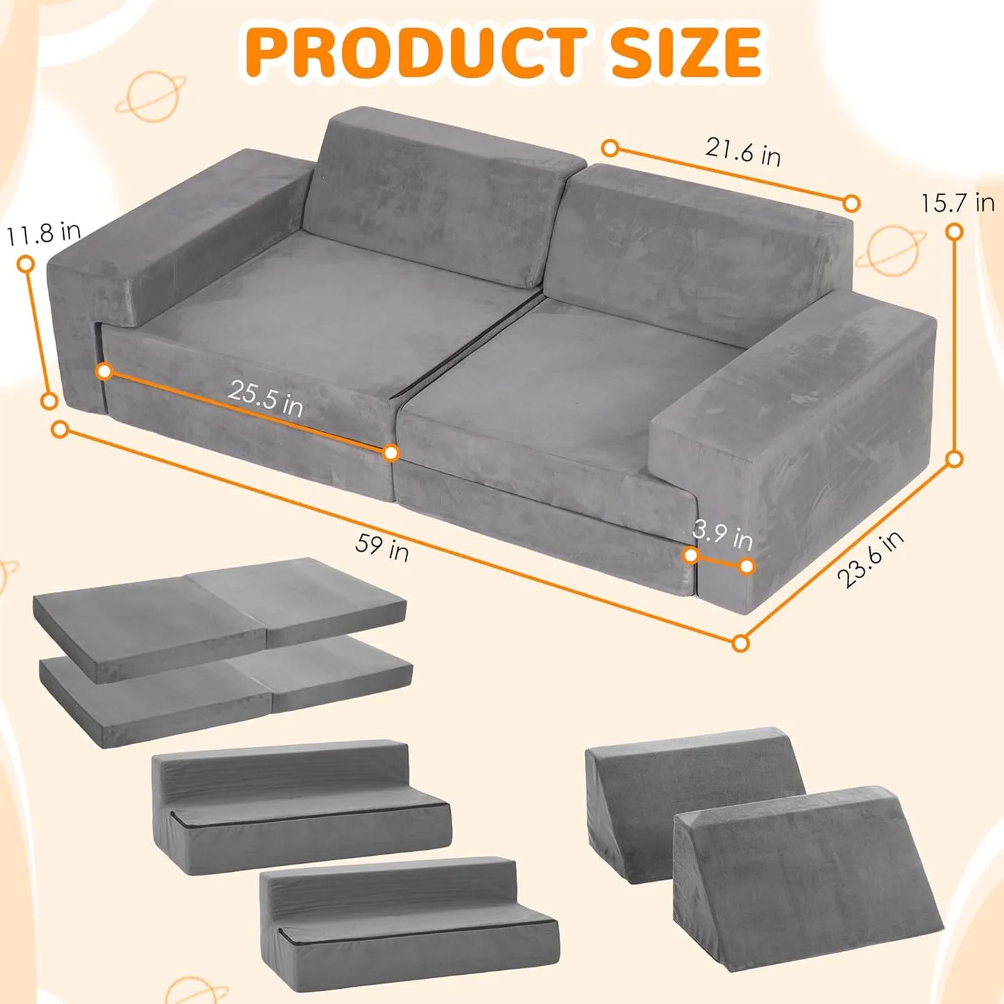 Modular Sofa Set 8-Piece with 3 Shapes, Grey - Soft Washable Cushions for Playroom, Bedroom