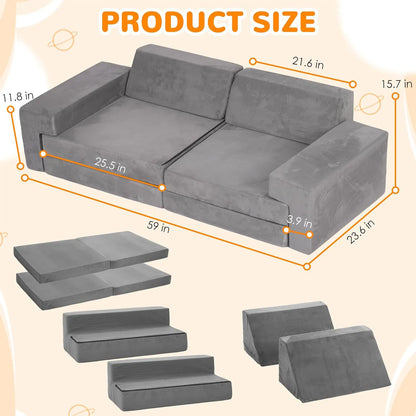 Modular Sofa Set 8-Piece with 3 Shapes, Grey - Soft Washable Cushions for Playroom, Bedroom