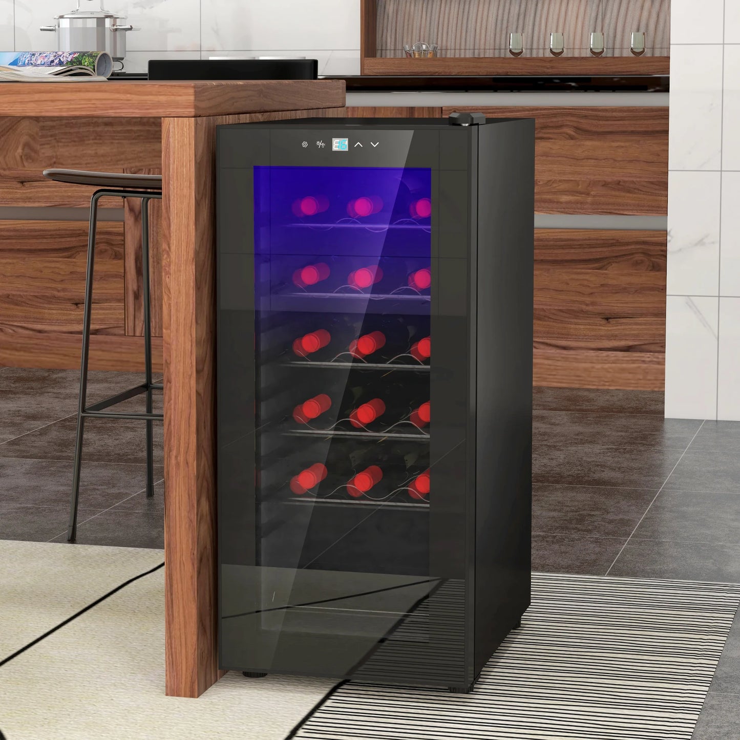 Wijnkoeler – Wijnkoelkast – Wijnklimaatkast – Flessenkoeler – Temperatuurinstelbaar 5-18 °C – Fluisterstil 41 dB – Verstelbare Planken – 18 Flessen