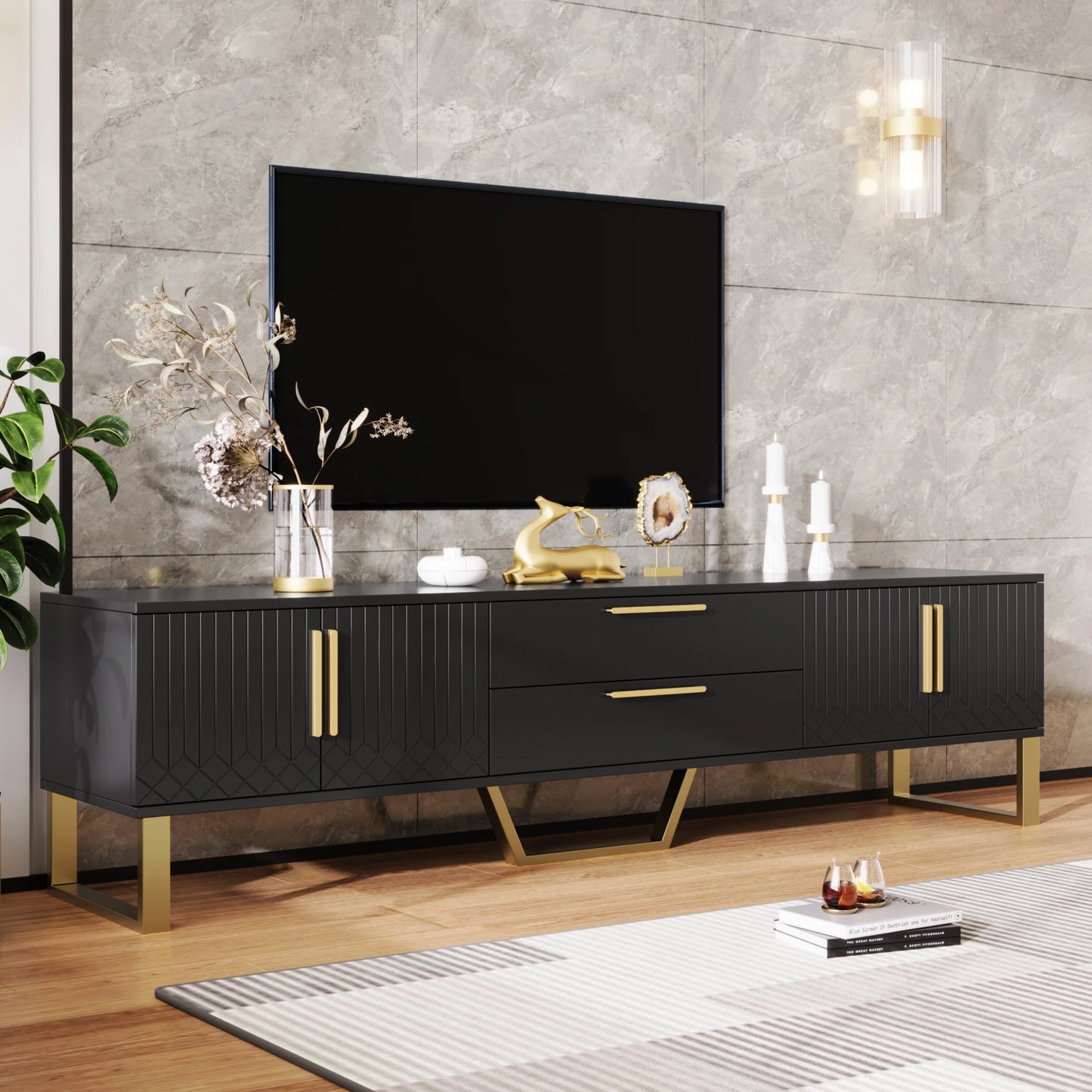 Tv-Meubel – Hoogglans Meubel – TV Kast – Woonkamermeubel – Gouden Accenten – 170 Cm Breed – MDF Materialen - Zwart