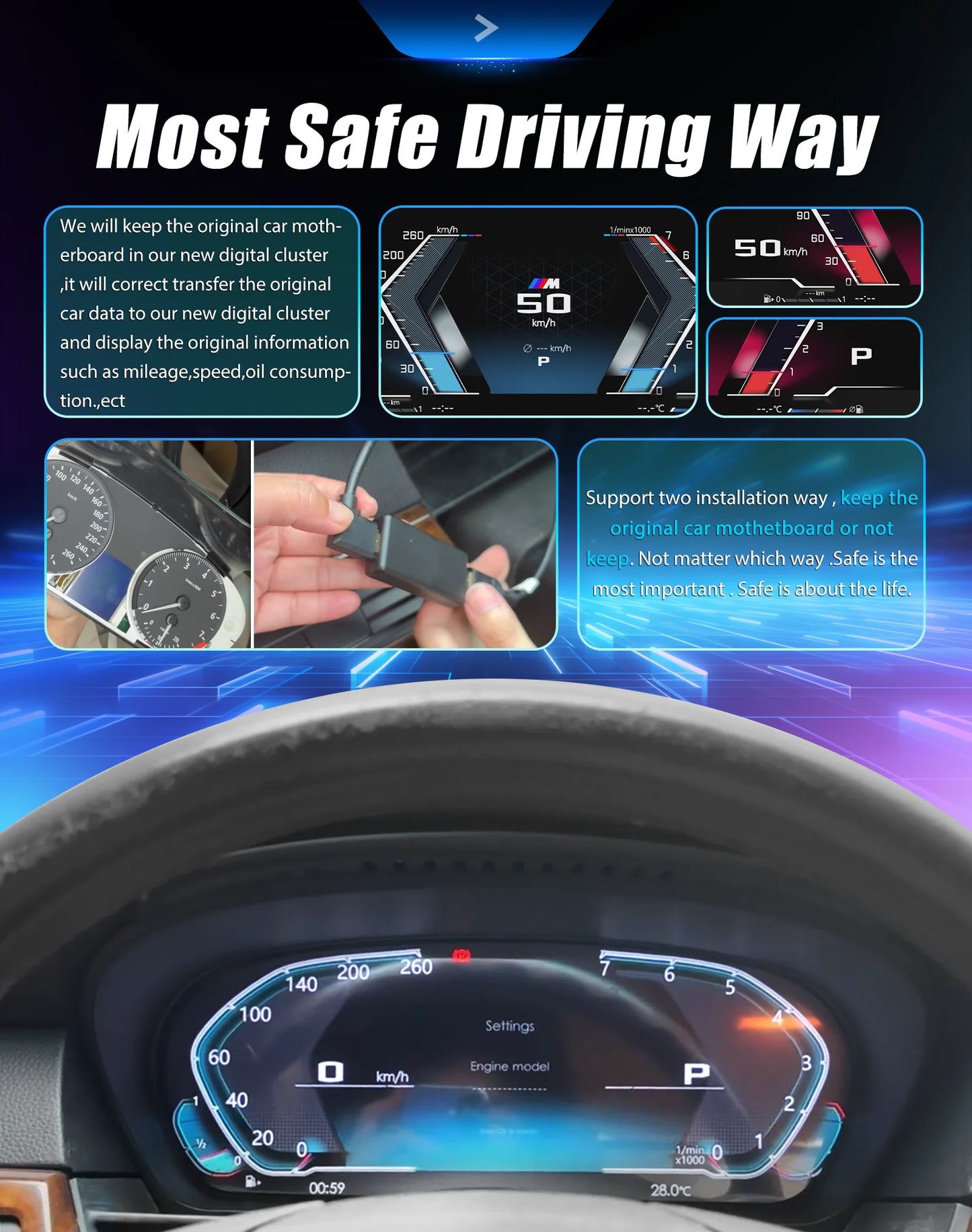 Digitaal Dashboard – Instrumentenpaneel – Cockpit Display – LCD Scherm – Virtual Cluster – 12,3 Inch HD Display – Plug & Play Installatie