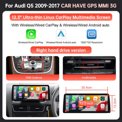 12.3 inch Ultra-thin Screen Wireless CarPlay Android Auto Car Multimedia For Audi Q5 2009-2017 With Airplay Autolink Functions