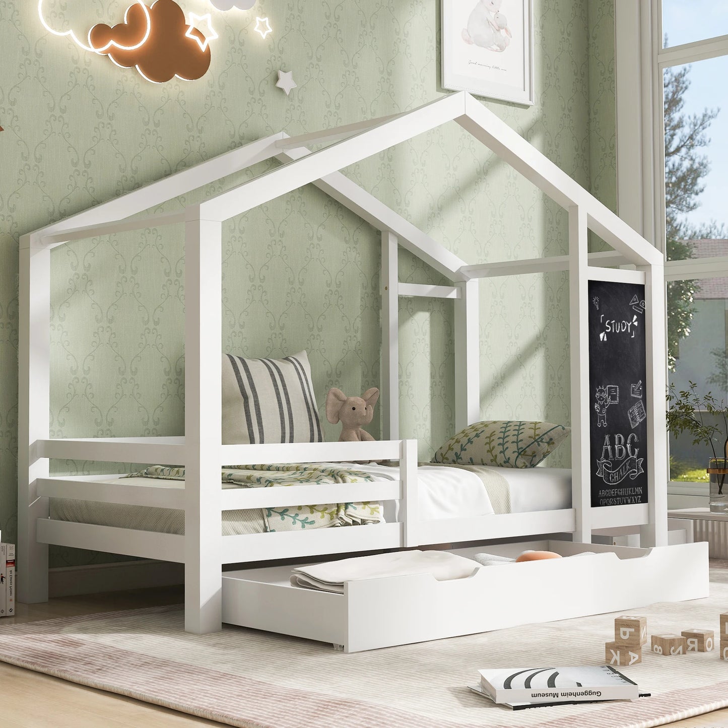Bedhuisje Kinderen – Huisbed – Kinderbed – Peuterbed – Juniorbed – Massief Houten Frame – 90x200 cm – Met 2 Opberglades - QUORE