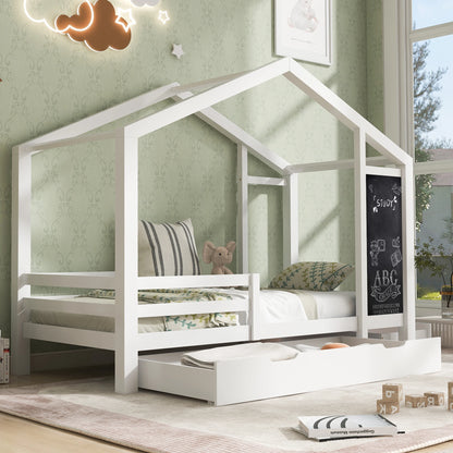 Bedhuisje Kinderen – Huisbed – Kinderbed – Peuterbed – Juniorbed – Massief Houten Frame – 90x200 cm – Met 2 Opberglades - QUORE