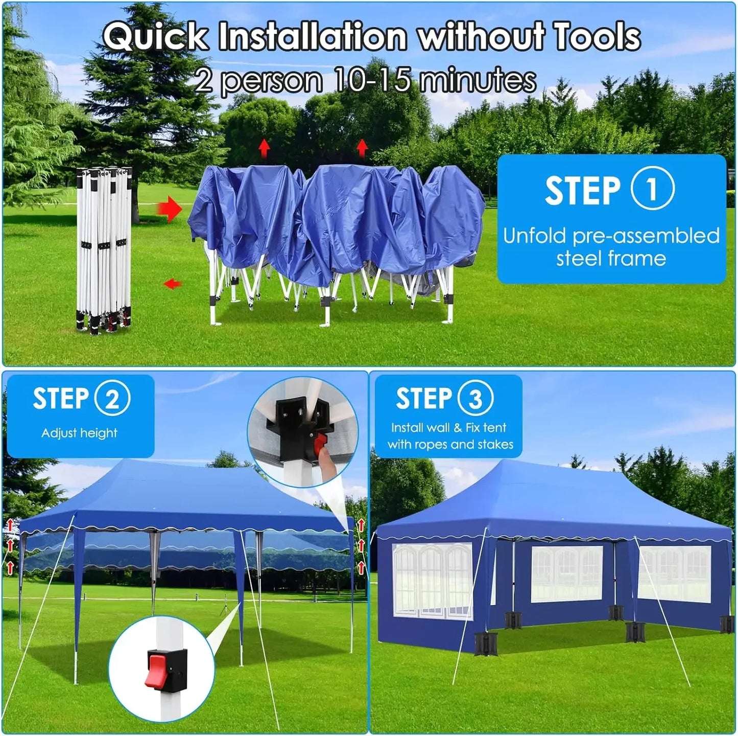Partytent - Partytenten - Tuinpaviljoen - Paviljoen - Easy up Partytent - 3x6m - Waterdicht - met Zijwanden - UV50+ Bescherming en Zandzakken – In Hoogte Verstelbaar - Tent - Blauw