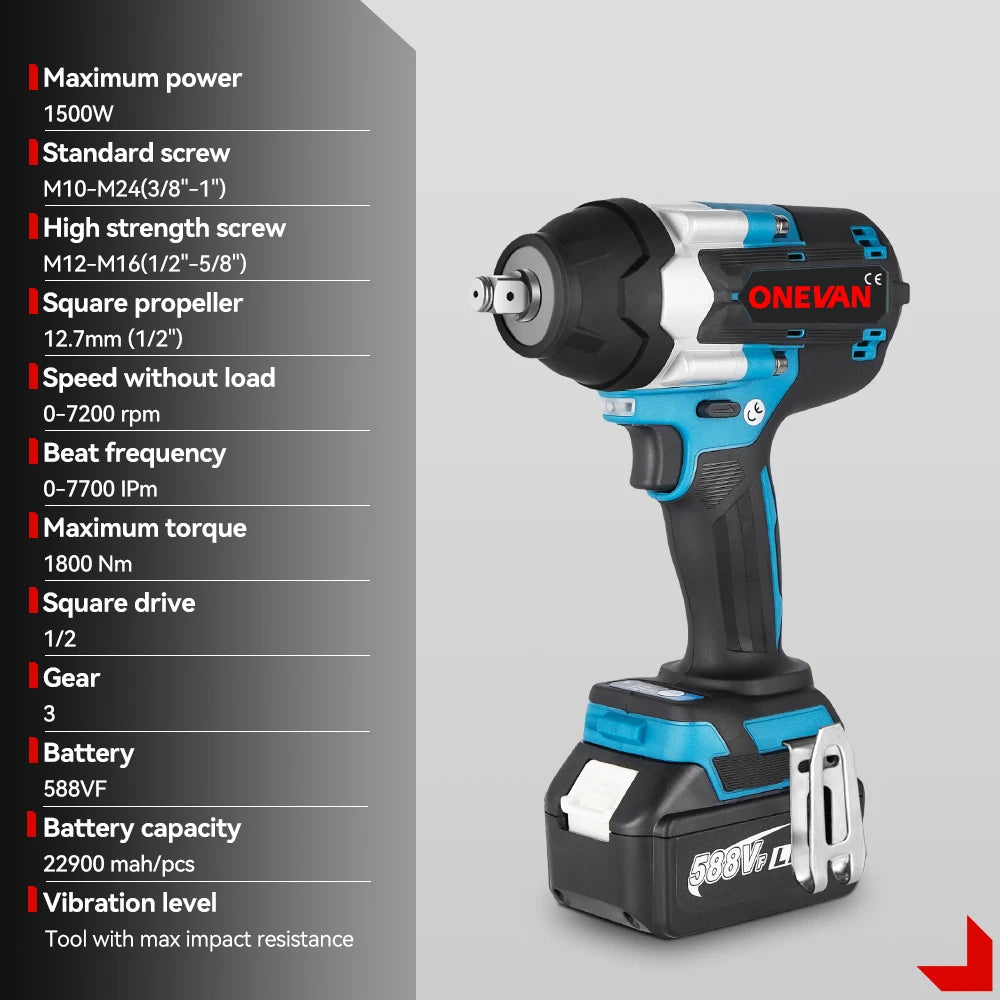 ONEVAN 1800N.M Torque Brushless Elektrische Slagschroevendraaier - 1/2 Inch Accu-Impactmoersleutel met 2 Batterijen - 18V Draadloze Power Tool - QUORE