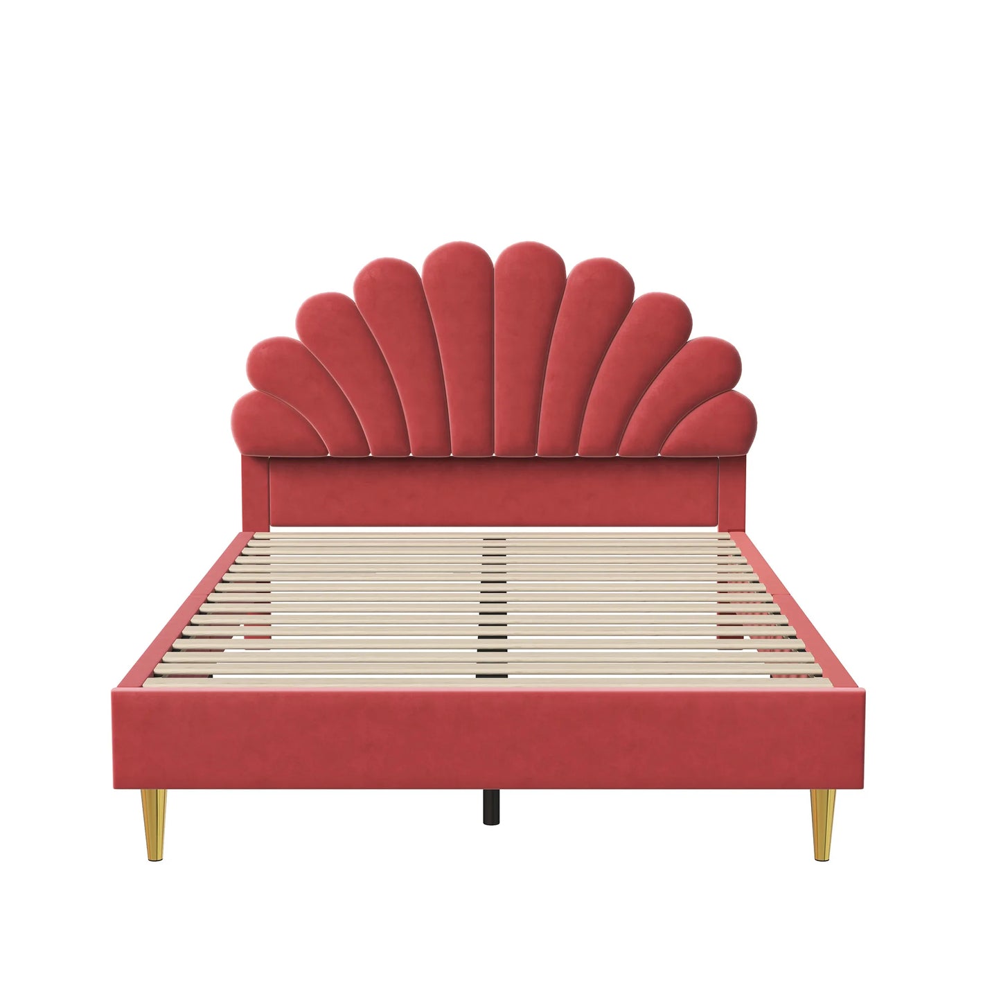 Kinderbed – Kinderbedframe – Kinderbed 140x200 – Tweepersoonsbed – Fluwelen Bed – Met Bloemvormig Hoofdeinde – Gestoffeerd Kinderbed – Inclusief Lattenbodem – Rood Met Gouden Accenten - QUORE