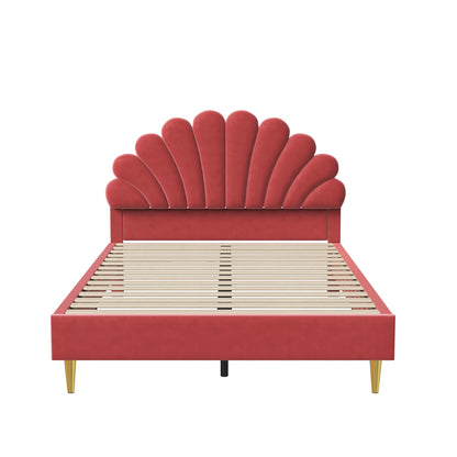 Kinderbed – Kinderbedframe – Kinderbed 140x200 – Tweepersoonsbed – Fluwelen Bed – Met Bloemvormig Hoofdeinde – Gestoffeerd Kinderbed – Inclusief Lattenbodem – Rood Met Gouden Accenten - QUORE