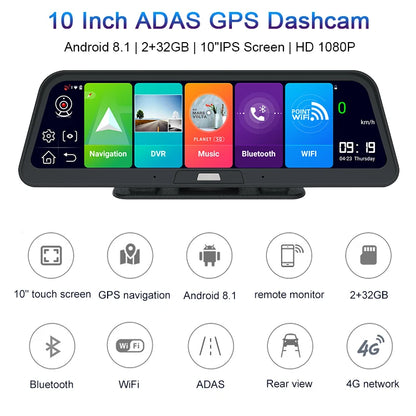 Dashcam voor Auto - 10" 4G Android 8.1 Dashcam - GPS Navigatie, Dual 1080P Camera - ADAS Rijhulp - Parkeermodus - Achteruitrijcamera - WiFi - Bluetooth - G-Sensor - Loop Recording - Zwart