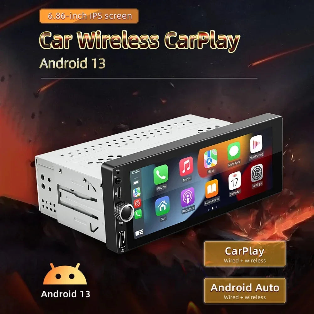 1 Din Android Autoradio – Auto Navigatie Systeem – Bluetooth Radio – CarPlay Android Auto – GPS Navigatie – 6,86 Inch Touchscreen – Android 13 Besturingssysteem