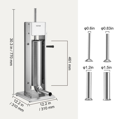 Worstenvuller - Worstenmaker - Handmatige Verticale Worstmaker - Inclusief 5 Vulbuizen - Worstmachine - Professionele 7L RVS Worstenvuller