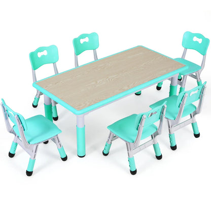 Kindermeubelset – Kinderstoel en Tafel – Speelset Kind – Verstelbare Kindermeubelen – Kindertafel Met 6 Stuks Stoelen – Verstelbare Hoogte – Duurzaam Kunststof Houtlook - Lichtgroen - QUORE