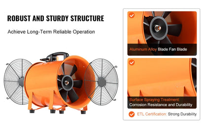 Krachtige Cilinderventilator - 300W - Bouwventilatoren - Uitlaatventilator - Industriële Afzuigventilator - en Blower - Draagbare - met 10m Luchtslang - voor Stof- en Rookverwijdering