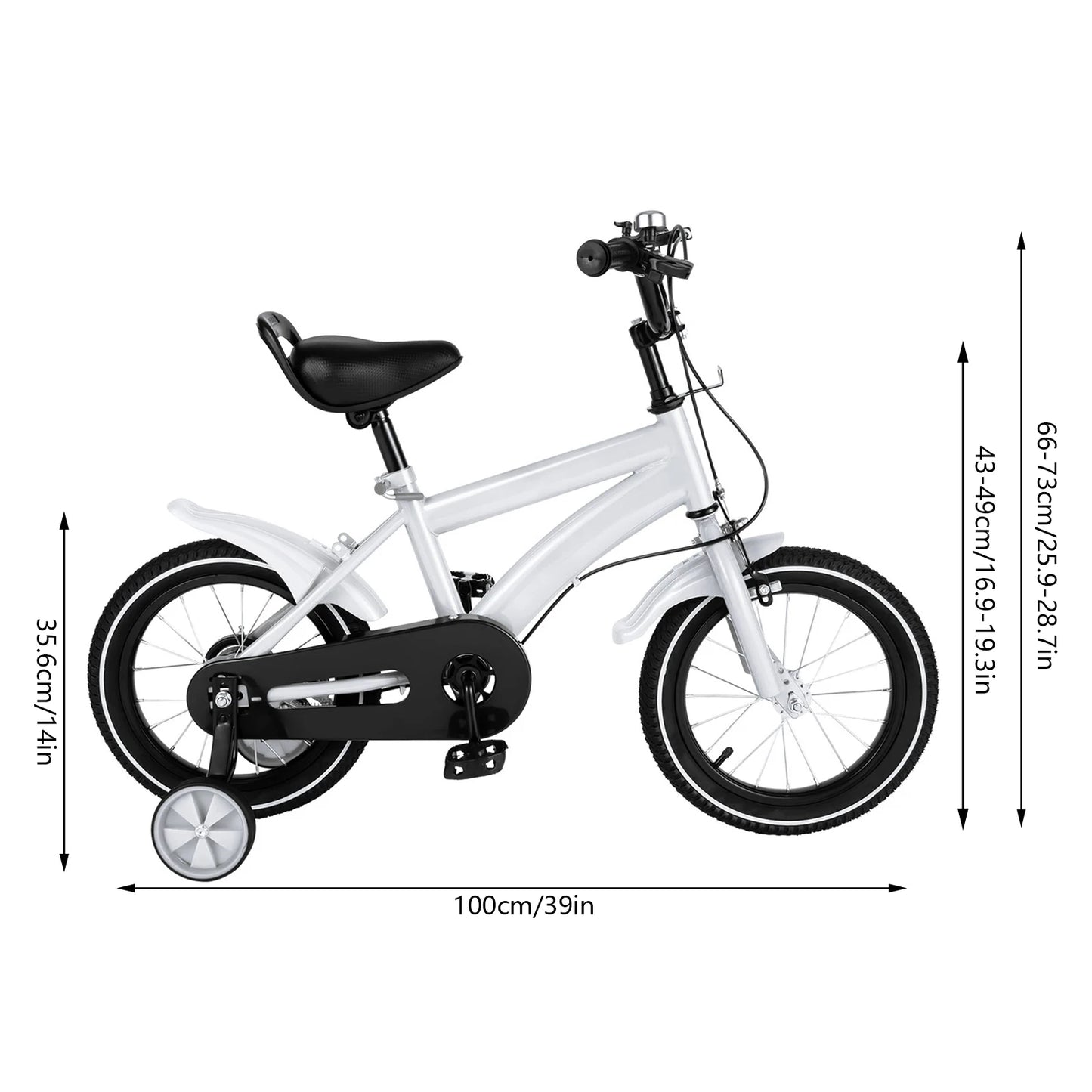 Kinderfiets - Kinderfiets met Zijwielen - 14inch - Stoere Fiets voor Kinderen 2-4 Jaar – Verstelbaar Zadel en Stuur – Met Opbergbak en Mand - Perfect voor Leren Fietsen -  Verstelbare Hoogte, Carbon Staal & Zijwieltjes - Wit