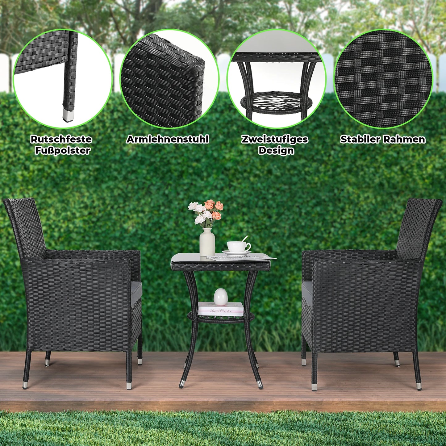 Wicker Loungeset – Loungeset Buiten – Tuinmeubel Set – Balkonset – 3-Delig – Hoogwaardig PE-Rattan – Comfortabele Kussens - QUORE