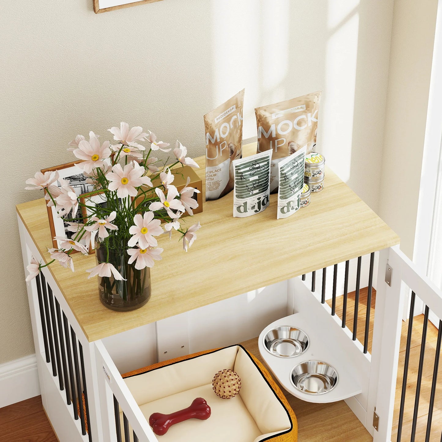 2-in-1 Hondenhok – Bench Met Zijtafel - Hondenbench – Hondenkooi – Hondenhuis – Dierenverblijf – Melamine Hout En Staal - 80 x 55 x 71,5 cm - Wit - QUORE