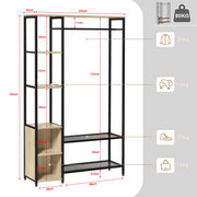 Kapstok met Kledingrail – 3 Planken – 2 Schoenenrekken – 2 Compartimenten – Stevige Jasstandaard – Opslag voor Hal & Garderobe – 100x165x30 cm – Zwart & Lichte Eiken