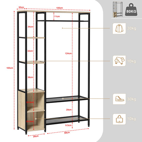 Kapstok met Kledingrail – 3 Planken – 2 Schoenenrekken – 2 Compartimenten – Stevige Jasstandaard – Opslag voor Hal & Garderobe – 100x165x30 cm – Zwart & Lichte Eiken