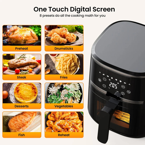 Digital Airfryer - PFAS free - Large 5 Liter - Hot air fryer - Black - Digital screen - 8 Presets - Including height-adjustable Grill rack - 2000W