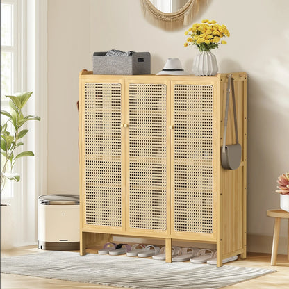 20 Pairs Bamboo Shoe Storage Cabinet 107cm Tall Rattan Shoe Cabinet with Doors and 6-Tier Shelves for Entryway Hallway Closet