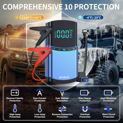 BUVAYE 4 in 1 Car Jump Starter Air Pump 150PSI Tyre Compressor 2000A Starter Device 10000mAh Power bank Digital Inflatable Pump - QUORE