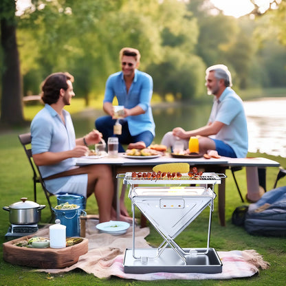 Opvouwbare Camping Vuurschaal - Draagbare Houtskoolgrill - Campvuur Grill - Verstelbare - BBQ-grill - RVS - voor Kamperen - en Buitenavonturen - Inclusief Draagtas