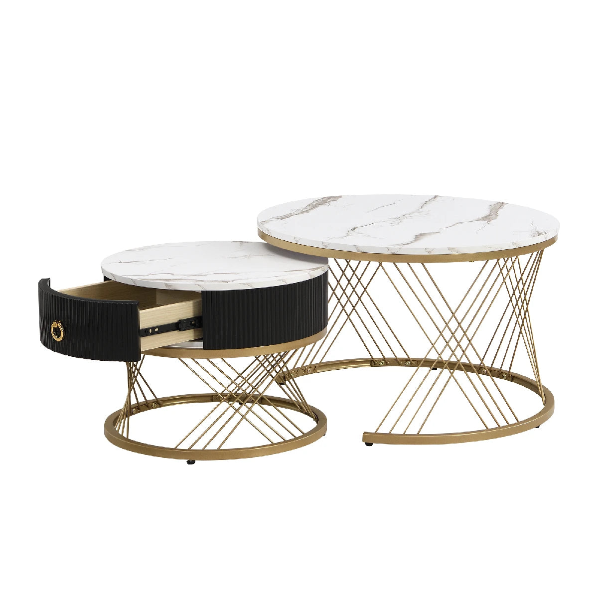Koffietafel Set – Salontafel – Bijzettafel – Woonkamertafel – Modulaire Tafels – Marmerlook Blad – Gouden Accenten - 78 x 76.5 x 28 cm - Wit & Goud
