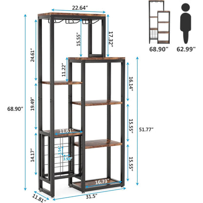 Wijnrek Industrieel – Drankkast van Hout en Metaal – Wijnkast met Wijnglashouders & Flessenhouders – 175 x 80 x 31,5 cm – Stijlvol en Functioneel