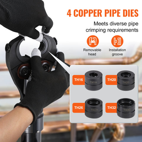 Vevor - Crimping Tool - Hydraulic Crimper - TH16 TH20 TH26 TH32 Quick Change Jaws - For Confined Space Tees - Copper Pipe Fittings - Orange
