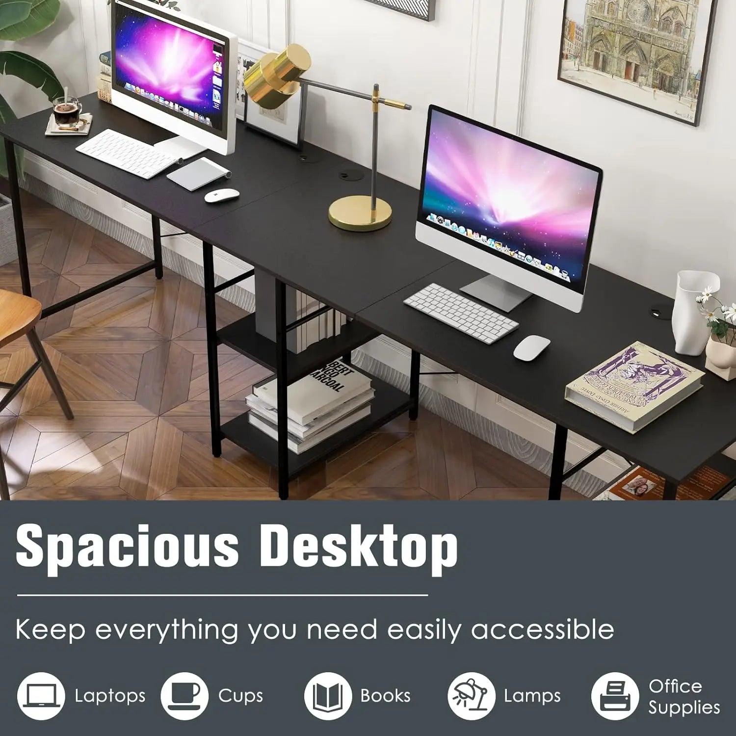 L-vormig bureau – Computerbureau – Gametafel – Bureau met opbergruimte – Thuiswerk bureau – Met USB-poorten en RGB LED-verlichting – Grijs/Zwart – Stabiel stalen frame - QUORE