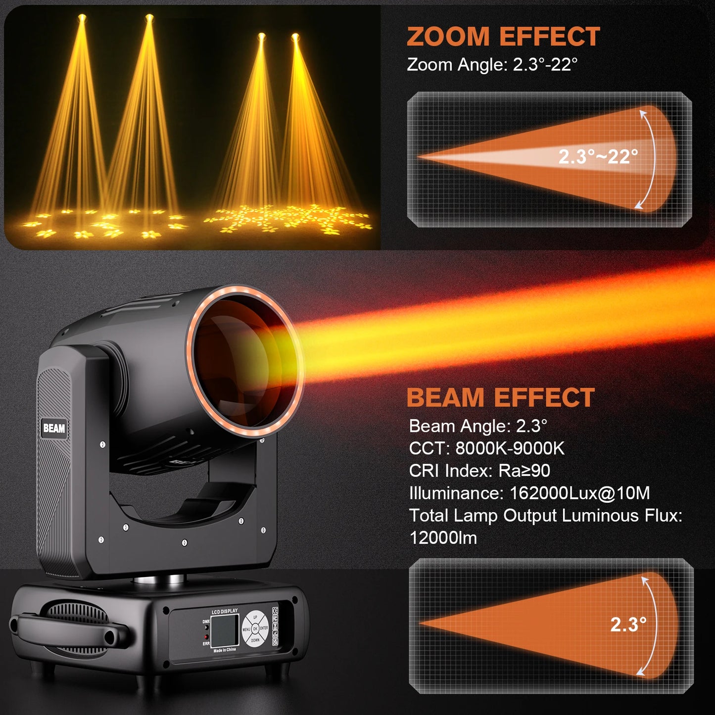Movingheadlicht – Discolamp – Podiumverlichting – DJ Licht – Beam Spot – 250W HID & 29 RGB LEDs – 540° Draaibereik – DMX512 Besturing - QUORE