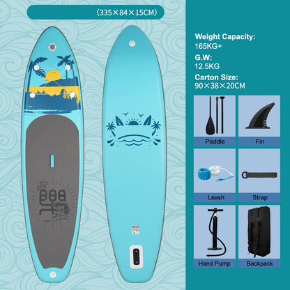 Supboard - Paddle Board - Peddelplank - Surfplank - Opblaasbaar - Inc. Peddel - Vin - Leash - Riem - Handpomp - Rugzak - 335 x 84 x 15 cm - Turkoois & Grijs
