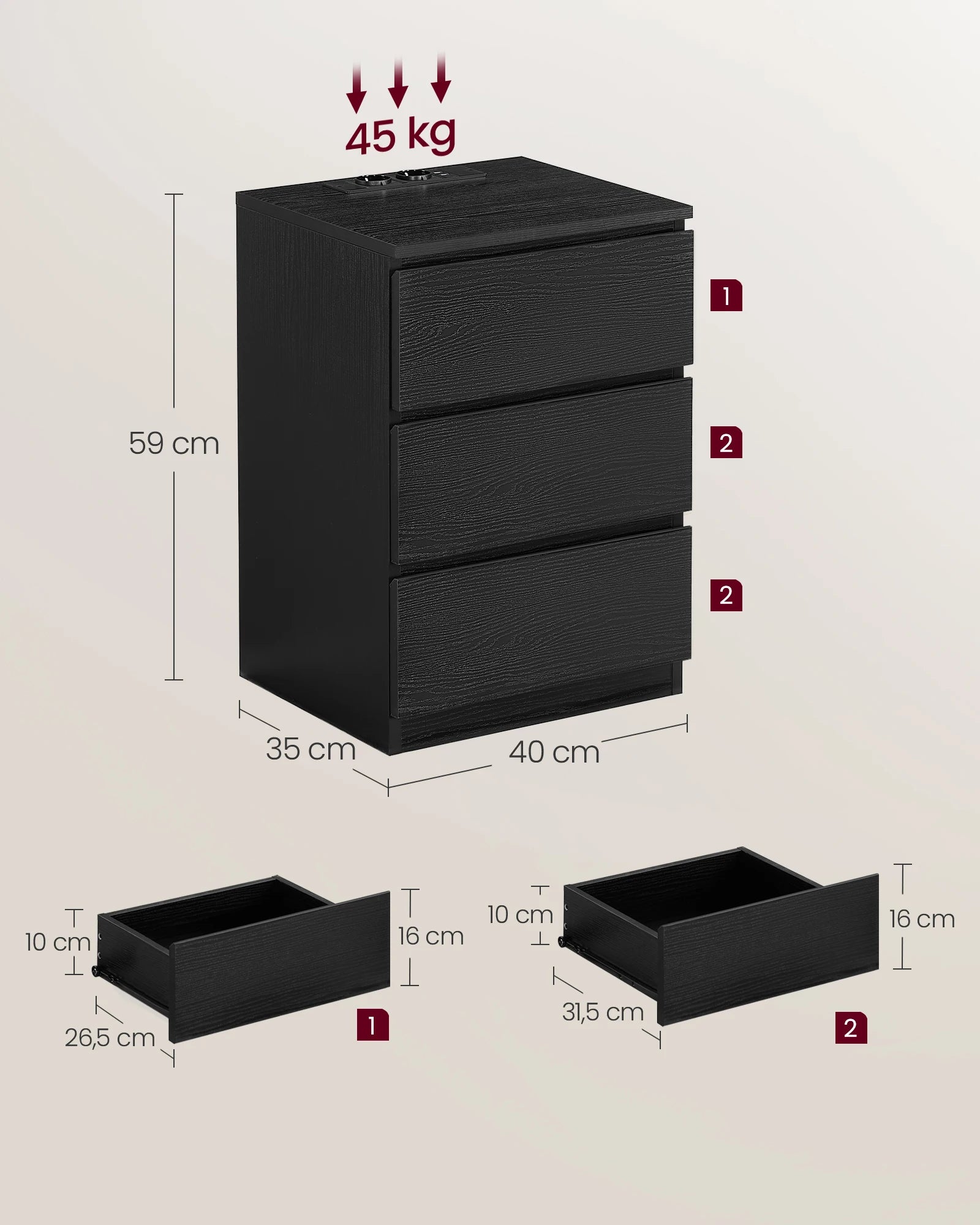 Nachtkastje - Bijzettafel - met Stopcontact en USB - Kast met 3 Lades - Tafel met Oplaadstation – voor Slaapkamer - Woonkamer - Kantoor - 35 x 40 x 59 cm - Wit - QUORE