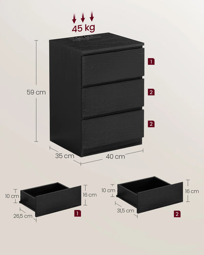 Nachtkastje - Bijzettafel - met Stopcontact en USB - Kast met 3 Lades - Tafel met Oplaadstation – voor Slaapkamer - Woonkamer - Kantoor - 35 x 40 x 59 cm - Wit - QUORE