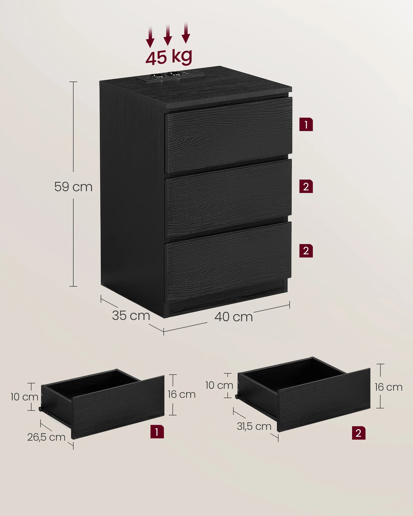 Nachtkastje - Bijzettafel - met Stopcontact en USB - Kast met 3 Lades - Tafel met Oplaadstation – voor Slaapkamer - Woonkamer - Kantoor - 35 x 40 x 59 cm - Zwart - QUORE