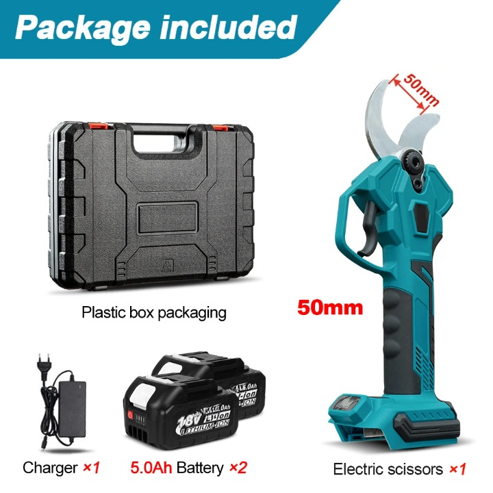 Elektrische Snoeischaar - Snoerloze Takkenschaar - Tuinschaar - Draadloze - Borstelloze Motor - met Draagtas - 50mm Snijbreedte - Koolstofstalen Mes - 2 x 5.0Ah Batterij - Oplader - Blauwgroen - QUORE