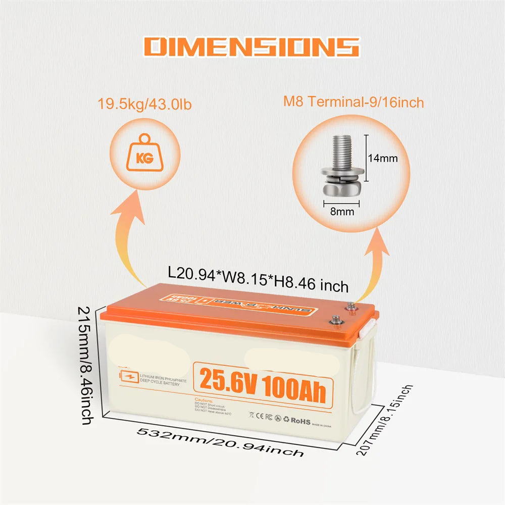 LiFePO4 Accu – Lithium Accu – Lichte Batterij – Duurzame Accu – 25,6V 100Ah – 4000 Laadcycli – IP68 Waterdicht