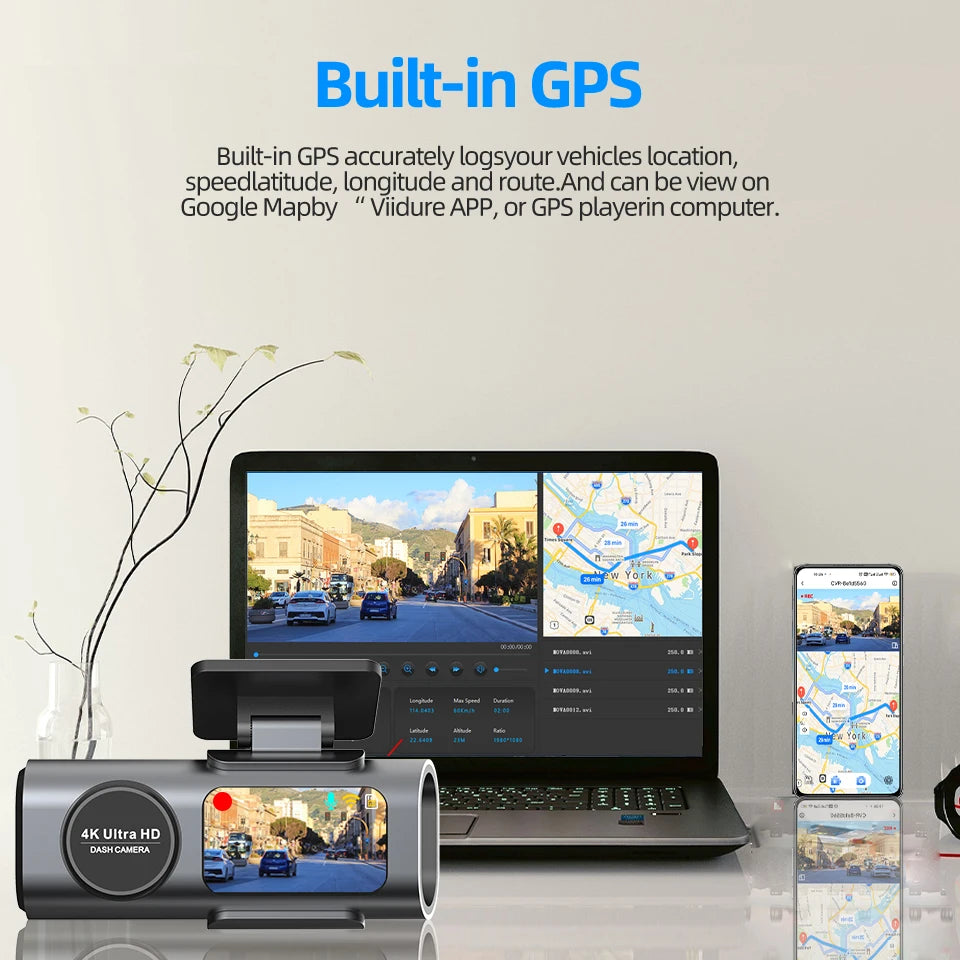 Dashcam voor Auto - 4K Dashcam - Dual Lens - 170° Groothoek - GPS - WiFi - Nachtvisie - 24H Parkeermodus - G-Sensor - 128GB Geheugenkaart inbegrepen - Alleen 4K Dashcam - Zwart