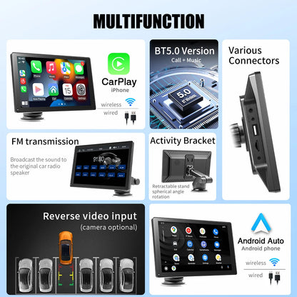 Navigatiesysteem Auto - 9 Inch - Touchscreen - Apple Carplay & Android Auto (Draadloos) - Carplay Scherm - Autoradio - Inclusief Achteruitrijcamera - QUORE