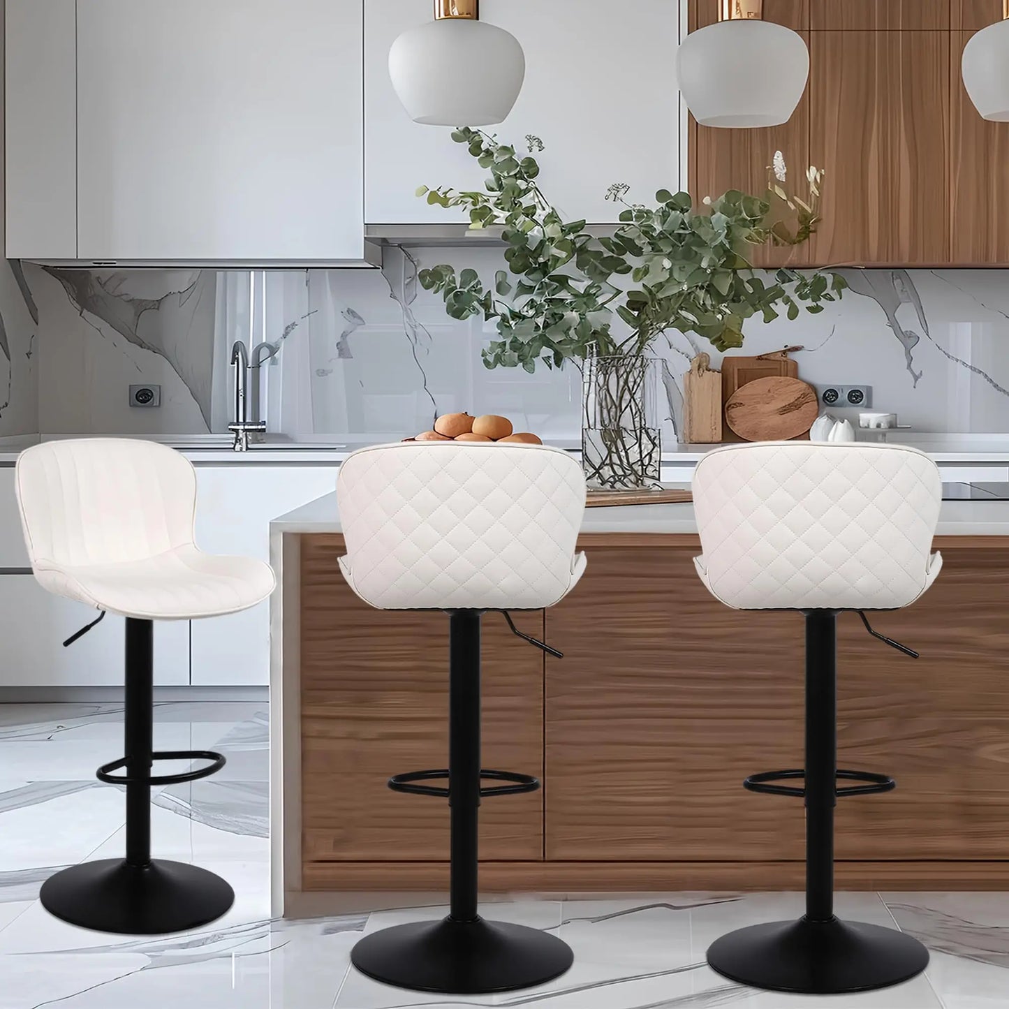 Barkrukken – Hoge Krukken – Barstoelen – Keukenstoelen – Set Van 4 – Verstelbare Hoogte – Comfortabele Rugleuning – Met Voetsteun – Beige