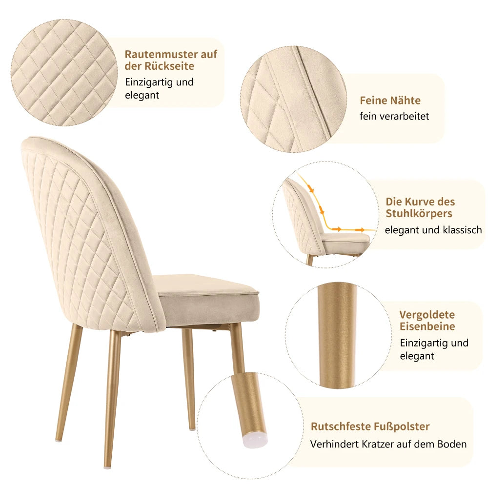 Eetkamerstoelen – Set van 4 Stoelen – Dining Stoelen – Fluwelen Stoelen – Beige Fluweel – Ergonomische Rugleuning – Gouden Metalen Poten - 45.5 x 62 x 87,5 cm