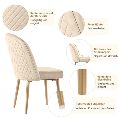 Eetkamerstoelen – Set van 4 Stoelen – Dining Stoelen – Fluwelen Stoelen – Beige Fluweel – Ergonomische Rugleuning – Gouden Metalen Poten - 45.5 x 62 x 87,5 cm