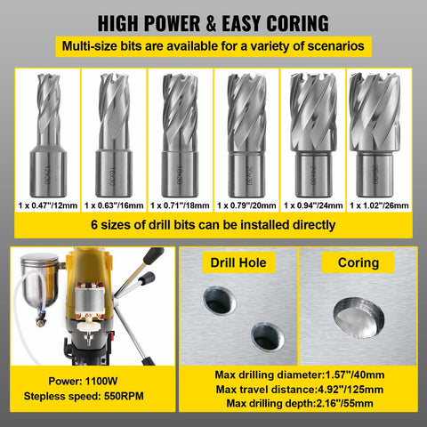 Drill Machine - Magnetic Core Drill Machine - Magnetic Drill Machine - Electric Magnetic Drill Machine - 1100W - 40mm Bore Diameter - 2810 LBS Magnetic Drilling System