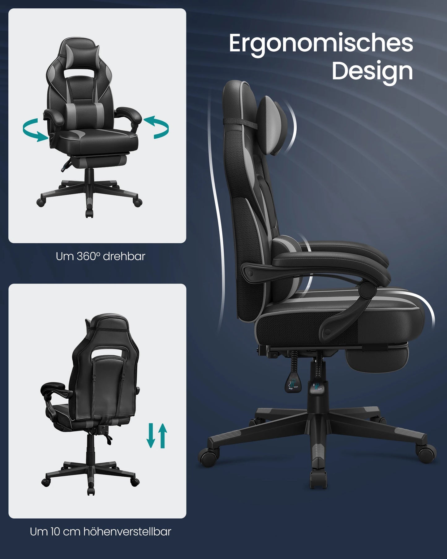 Gaming Stoel - Bureaustoel - Swivel Stoel - met Voetsteun - Hoofdsteun - Verstelbare - Rugleuning - Lendenkussen - Ergonomische - Draaibare - 67 x 66 x 116-126 cm - Zwart/Grijs