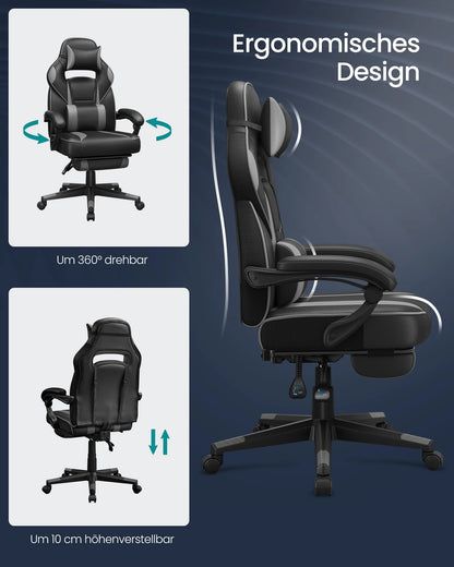 Gaming Stoel - Bureaustoel - Swivel Stoel - met Voetsteun - Hoofdsteun - Verstelbare - Rugleuning - Lendenkussen - Ergonomische - Draaibare - 67 x 66 x 116-126 cm - Zwart/Grijs