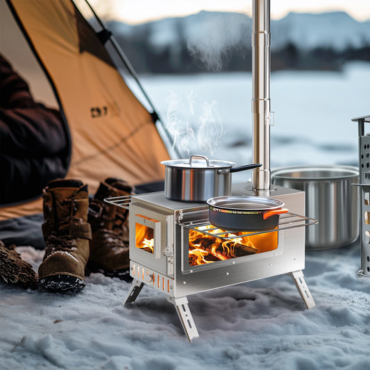 Camping Houtkachel - Houtkachel Stove - Draagbaar Houtkachelfornuis - Outdoor Houtkachel - RVS - Lichtgewicht - Houtskool Barbecues - voor Tentverwarming & Outdoor Cooking - Zilver - QUORE