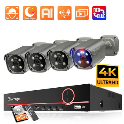Beveiligingscamera Systeem – Camerabewaking – CCTV Beveiliging – Bewakingscamera Set – Surveillance Camera – 4K 8MP Resolutie – AI Mensendetectie Met Rood-Blauw Alarmlicht