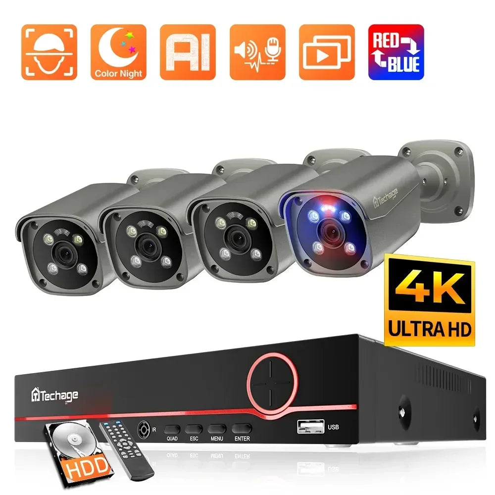 Beveiligingssysteem 8CH – Bewakingscamera Set – CCTV Camera Kit – IP Camera Systeem – 4K 8MP Resolutie – AI Menselijke Detectie – Rood-Blauw Alarmlicht - QUORE