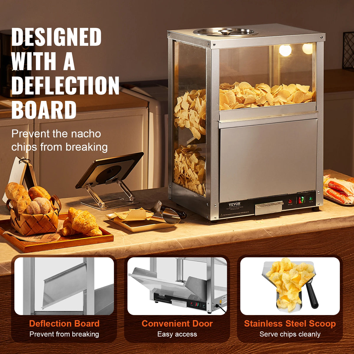 Nacho Warmer - Professional Chips Warmer - 230V - 200W - 84.5QT - Nacho Machine Deflection Board - Stainless Steel - Silver